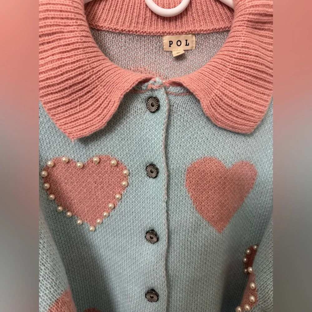 POL Heart pattern with faux pearl cardigan sweater - Picture 6 of 7